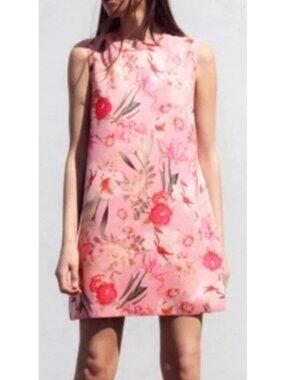 NWT Zara Women's Sz Large Pink Floral Sleeveless A-Line Knit Dress
